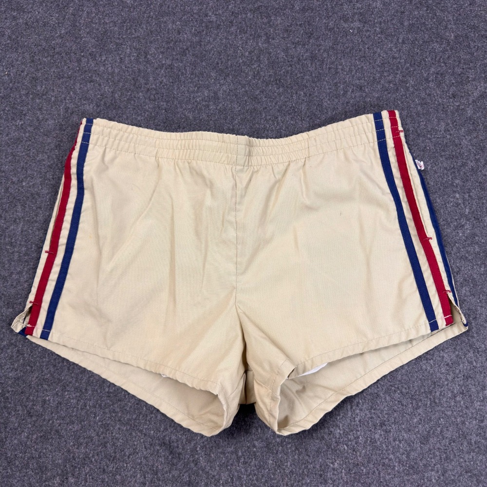 Vintage Jantzen Mens Swim Trunks Tan Red Blue Striped Made in USA Size 34